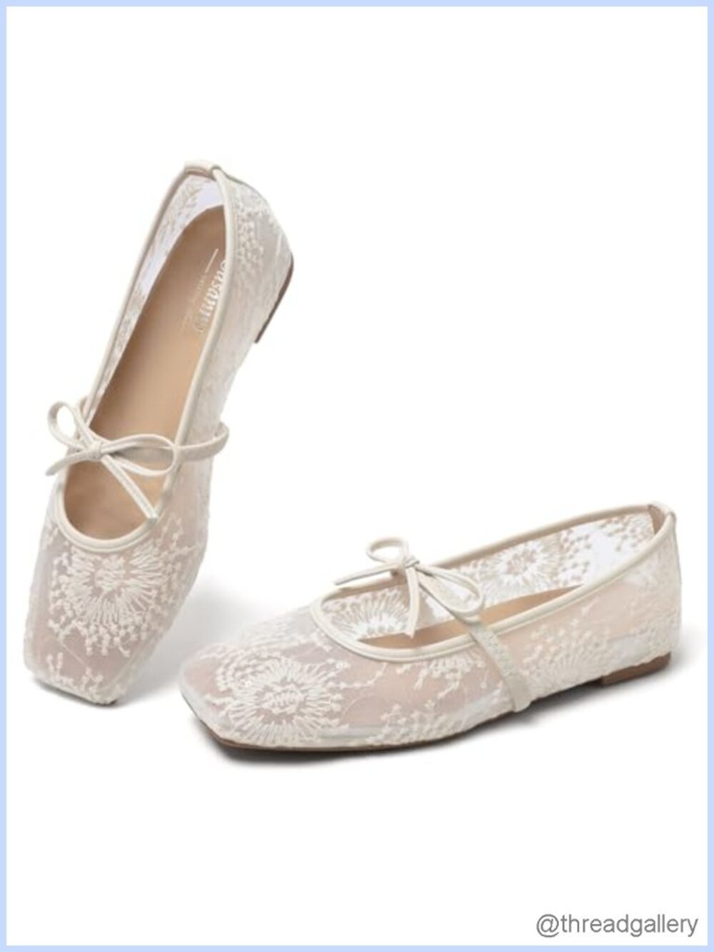 Lace Square Toe Ballet Flats with Bow Strap Mary Jane Shoes for Women Dressy